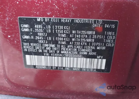 2015 Subaru Outback 2.5I Limited z USA, uszkodzony, nr VIN 4S4BSALC5F3320450